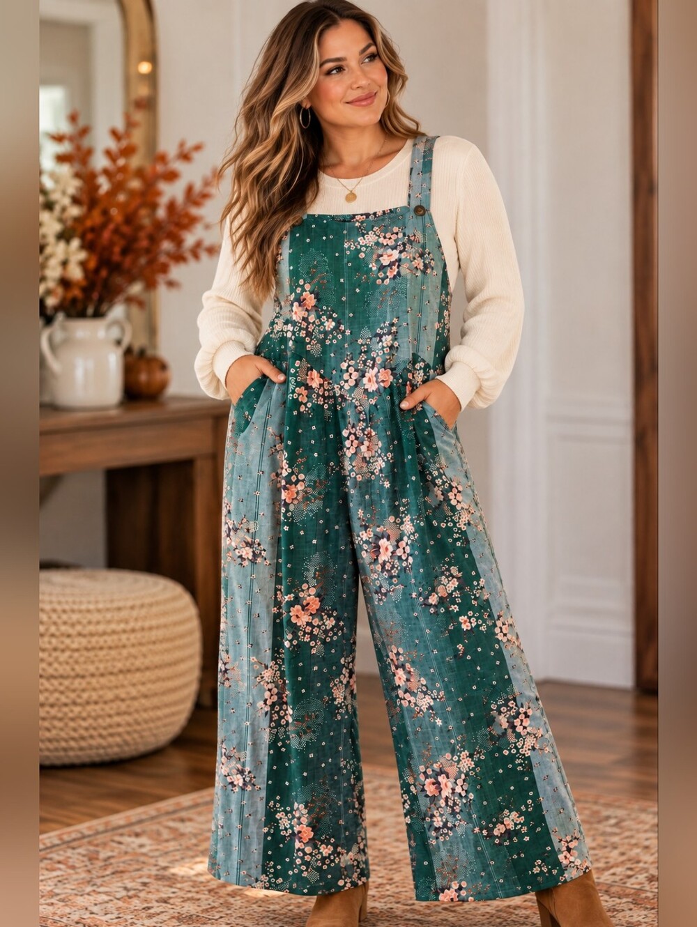 Women’s XL Green Floral Wide Leg Overall Jumpsuit Cottagecore Boho